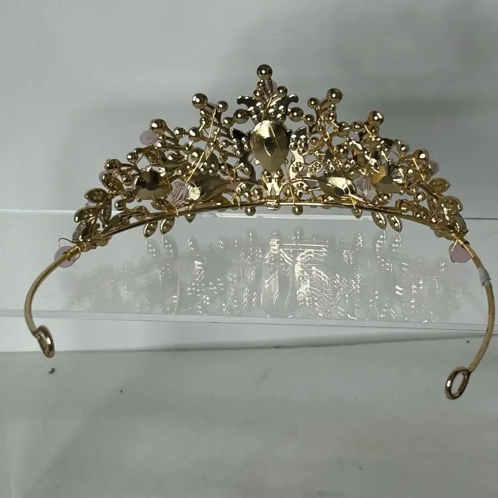 Gold Tone Pink Rhinestone Tiara Floral Princess Crown Bridal Prom Costume